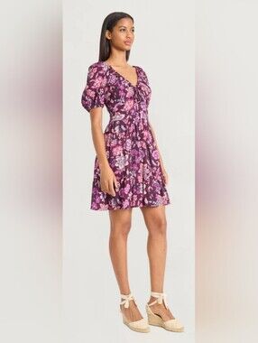 Grant In Rayon Challis Plum Puff Sleeve Dress